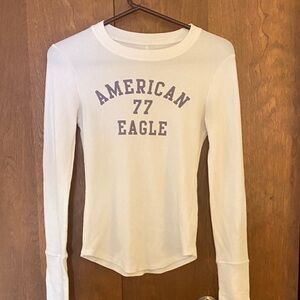 American Eagle Outfitters Cream Long Sleeve Tee with Purple Print